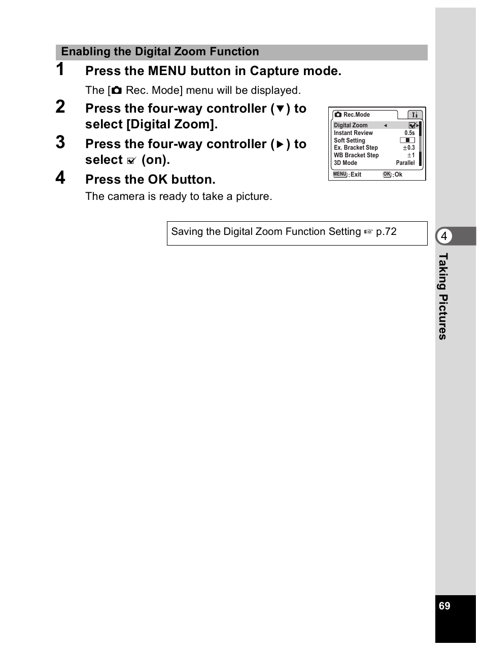 Press the menu button in capture mode, Press the four-way controller, Press the ok button | Pentax Optio 33L User Manual | Page 69 / 104