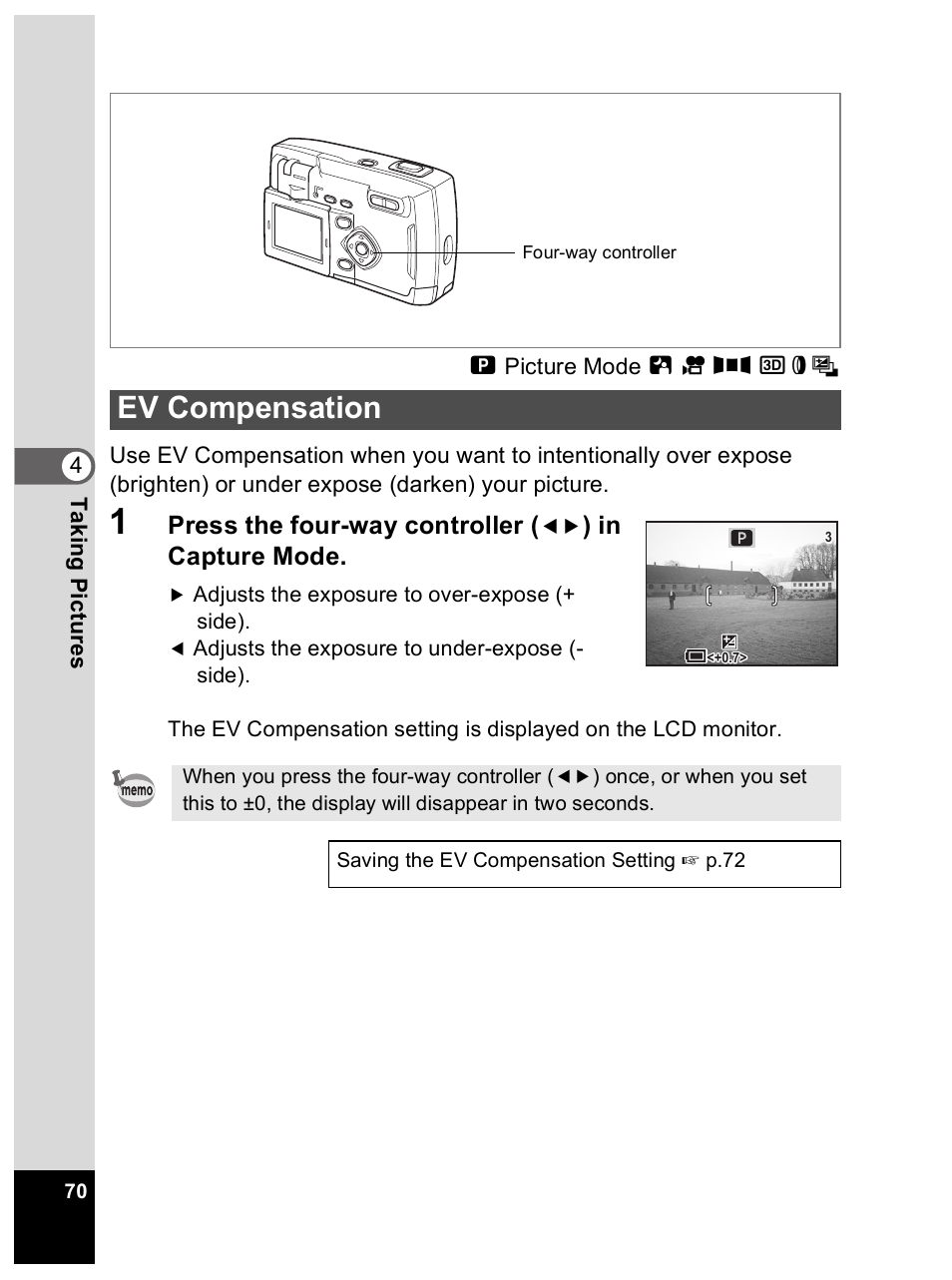 Ev compensation, Press the four-way controller | Pentax Optio 33L User Manual | Page 70 / 104