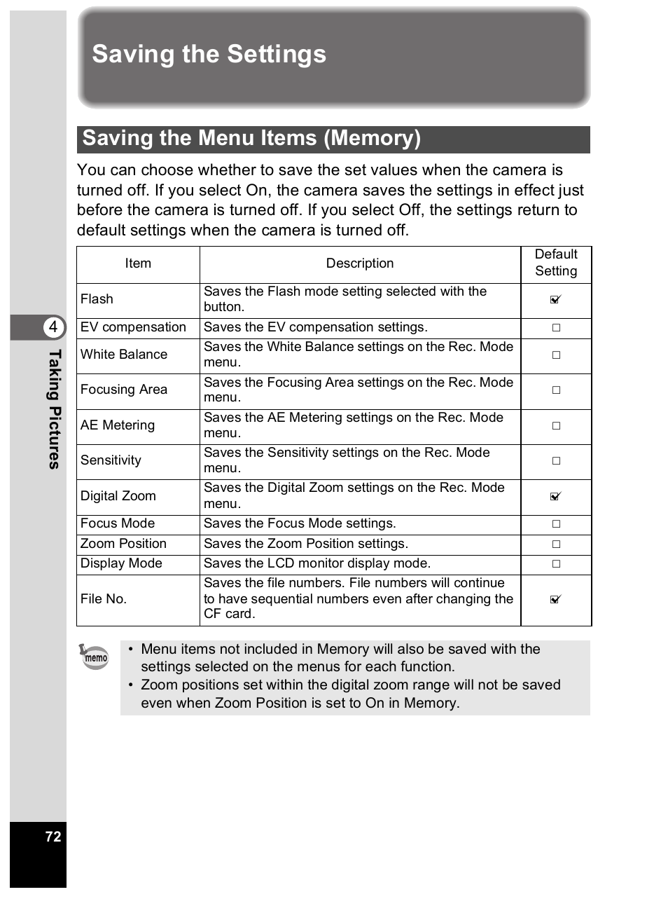 Saving the settings | Pentax Optio 33L User Manual | Page 72 / 104