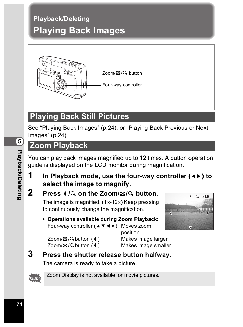 Playing back images, Playing back still pictures zoom playback | Pentax Optio 33L User Manual | Page 74 / 104