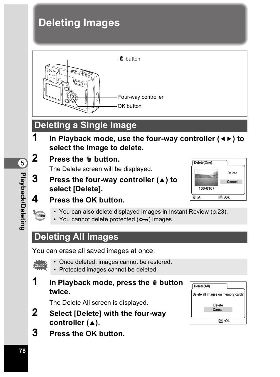 Deleting images 1, Deleting a single image, Deleting all images | Pentax Optio 33L User Manual | Page 78 / 104