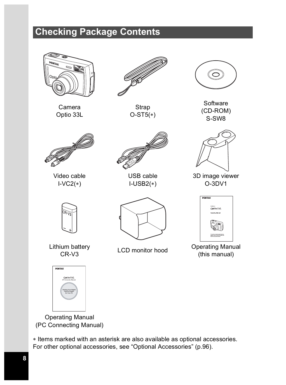 Checking package contents | Pentax Optio 33L User Manual | Page 8 / 104