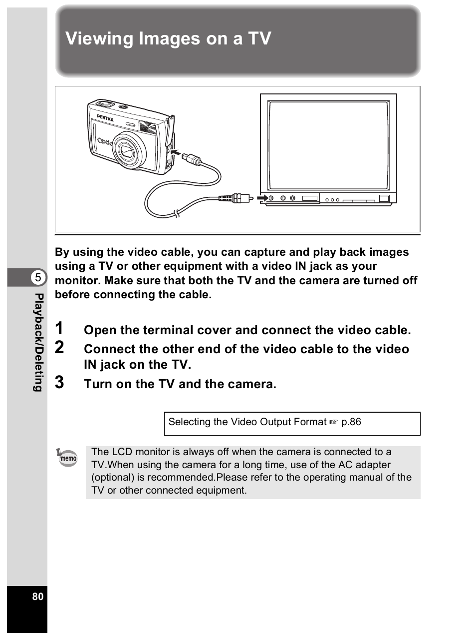 Viewing images on a tv | Pentax Optio 33L User Manual | Page 80 / 104