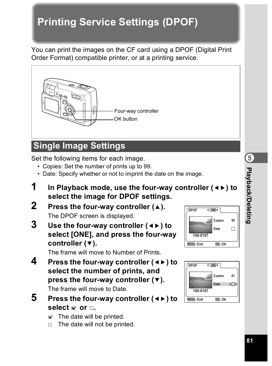 Printing service settings (dpof), Single image settings, Press the four-way controller | Use the four-way controller | Pentax Optio 33L User Manual | Page 81 / 104