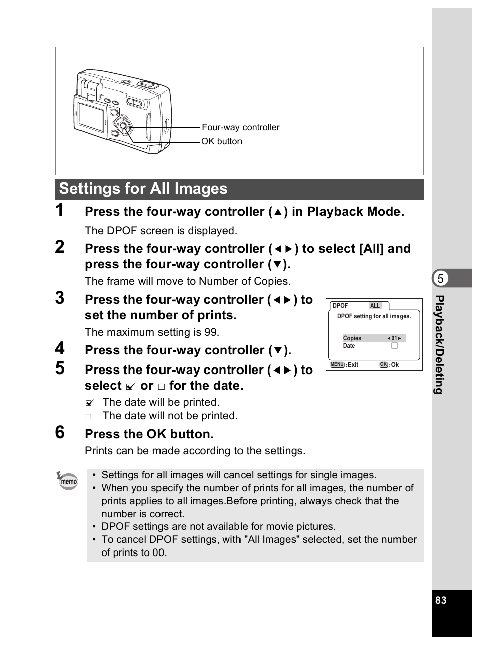 Settings for all images | Pentax Optio 33L User Manual | Page 83 / 104