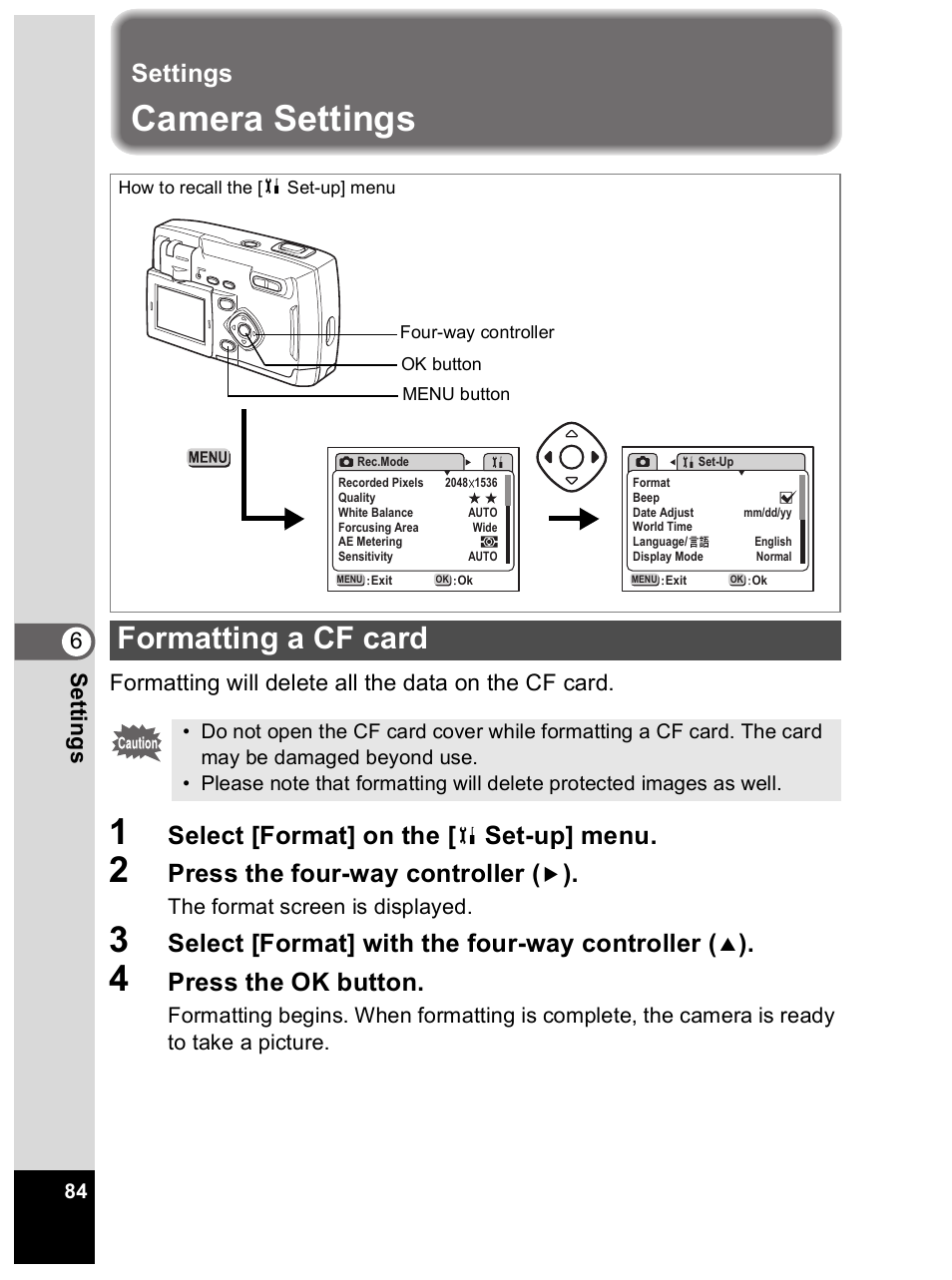 Camera settings, Formatting a cf card, Settings | Select [format] on the, Set-up] menu, Press the four-way controller, Select [format] with the four-way controller, Press the ok button | Pentax Optio 33L User Manual | Page 84 / 104