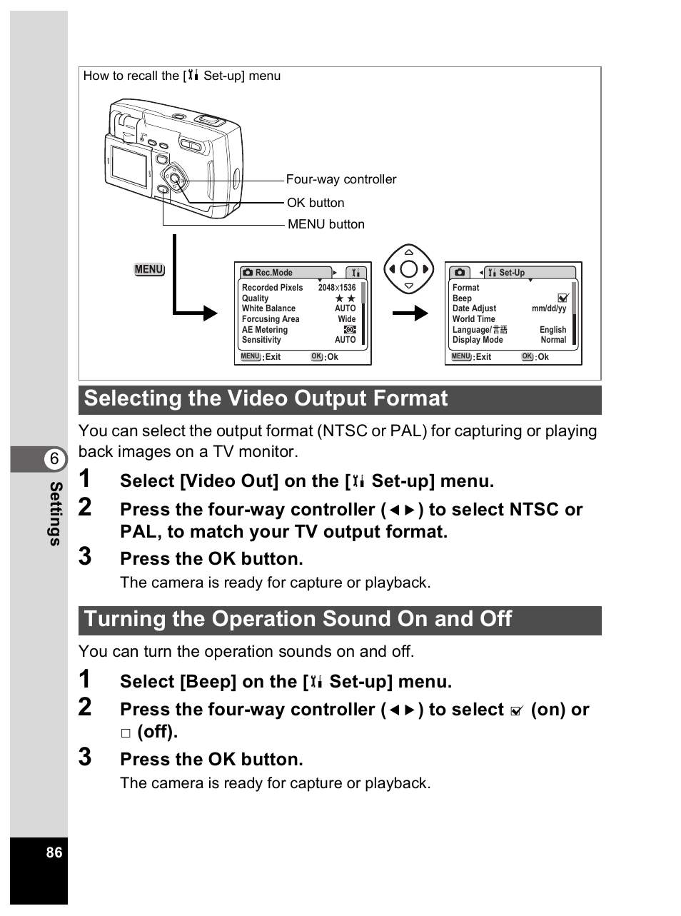 Select [video out] on the, Set-up] menu, Press the four-way controller | Press the ok button, Select [beep] on the, On) or, Off) | Pentax Optio 33L User Manual | Page 86 / 104