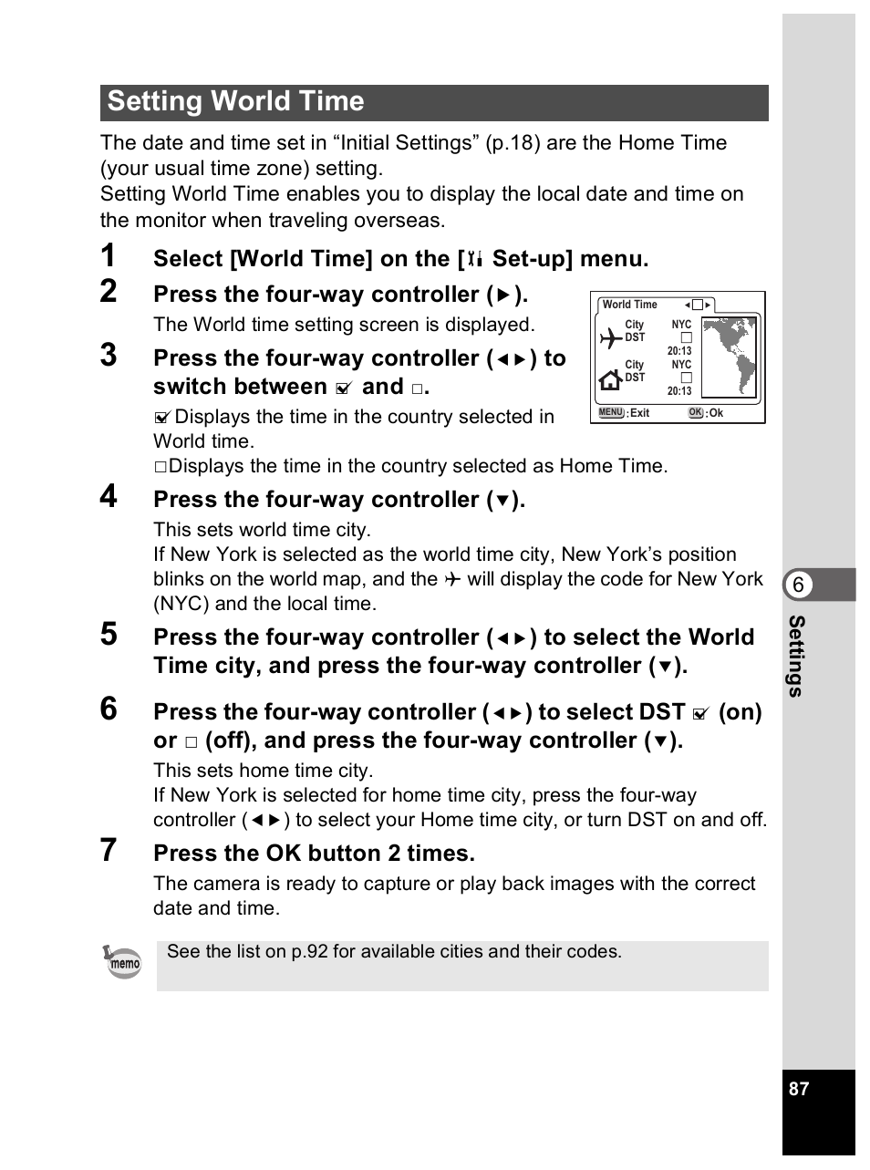 Setting world time | Pentax Optio 33L User Manual | Page 87 / 104