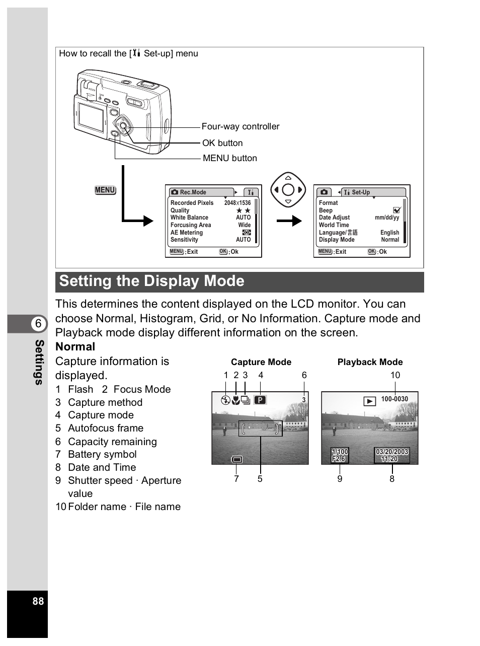 Setting the display mode | Pentax Optio 33L User Manual | Page 88 / 104