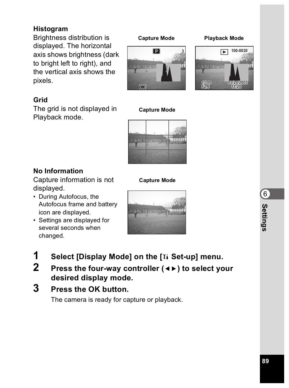 Select [display mode] on the, Set-up] menu, Press the four-way controller | Press the ok button | Pentax Optio 33L User Manual | Page 89 / 104