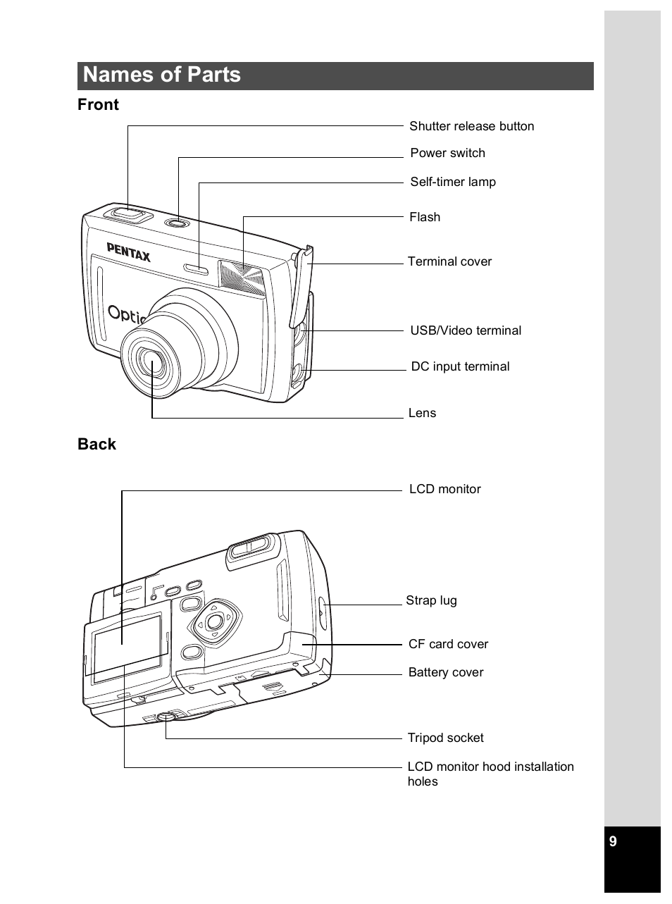 Names of parts, Front back | Pentax Optio 33L User Manual | Page 9 / 104