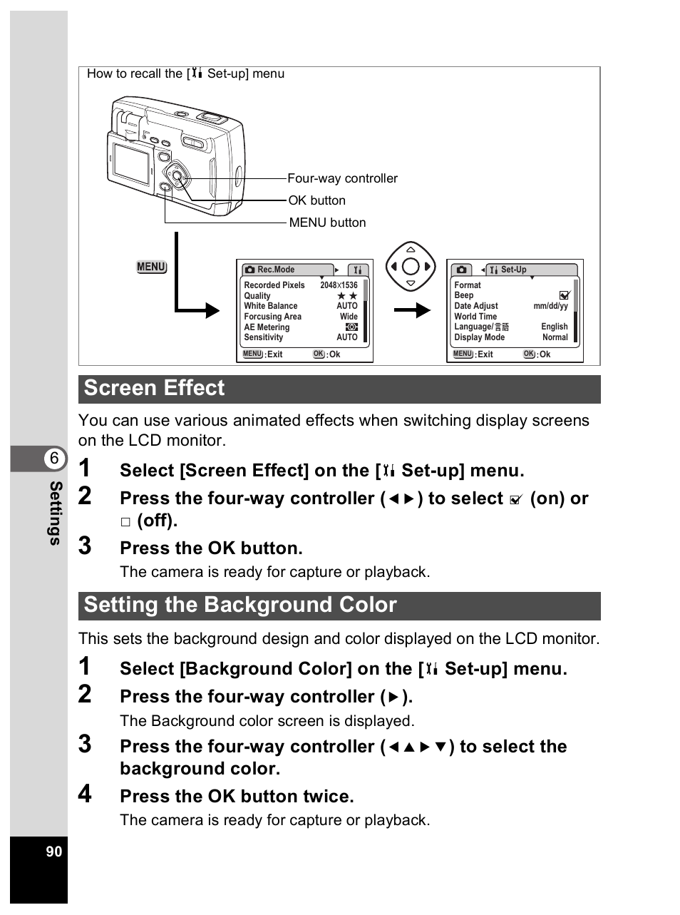 Screen effect setting the background color, Select [screen effect] on the, Set-up] menu | Press the four-way controller, On) or, Off), Press the ok button, Select [background color] on the, Press the ok button twice | Pentax Optio 33L User Manual | Page 90 / 104