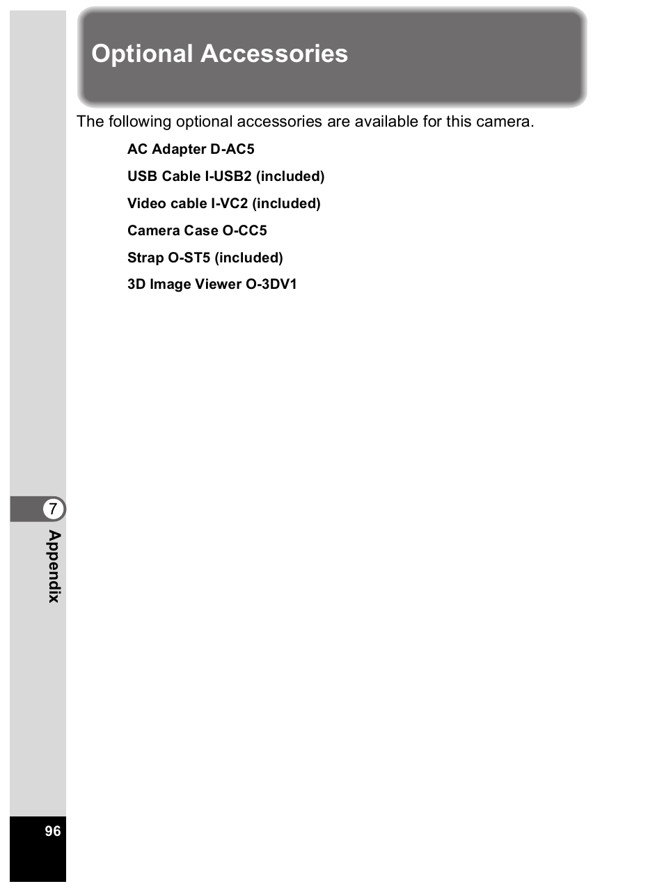 Optional accessories | Pentax Optio 33L User Manual | Page 96 / 104