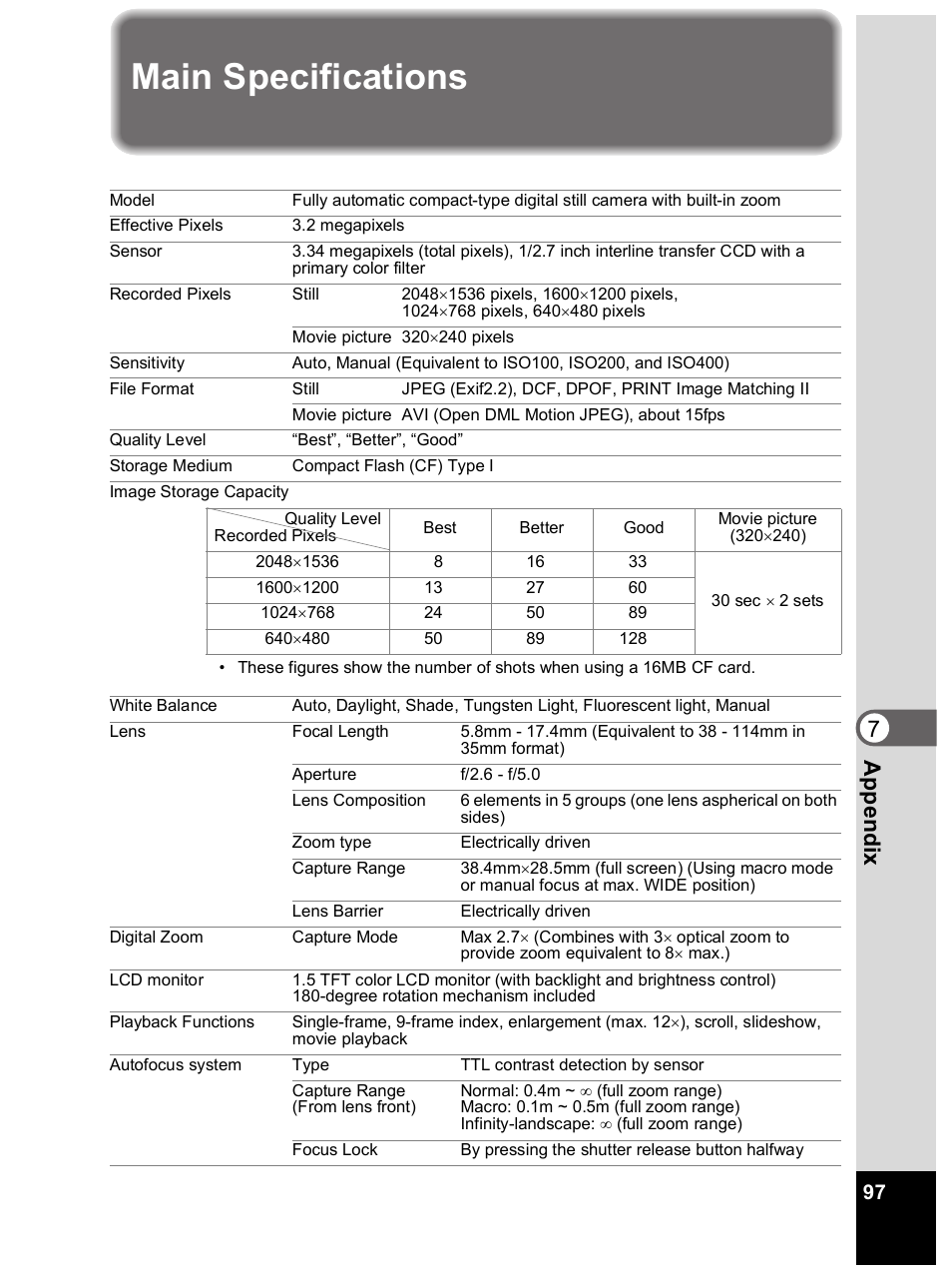 Main specifications, 7appendi x | Pentax Optio 33L User Manual | Page 97 / 104