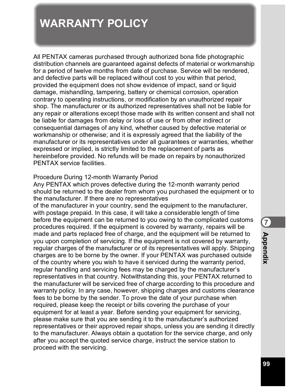 Warranty policy | Pentax Optio 33L User Manual | Page 99 / 104