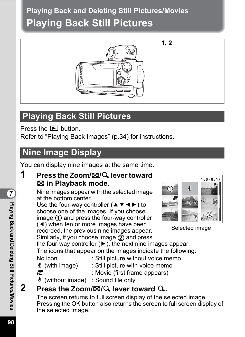 Playing back and deleting still pictures/movies, Playing back still pictures, Nine image display | 1p.98, P.98, Playing back still pictures nine image display, Press the zoom/ f / y lever toward y | Pentax MX4 User Manual | Page 100 / 148
