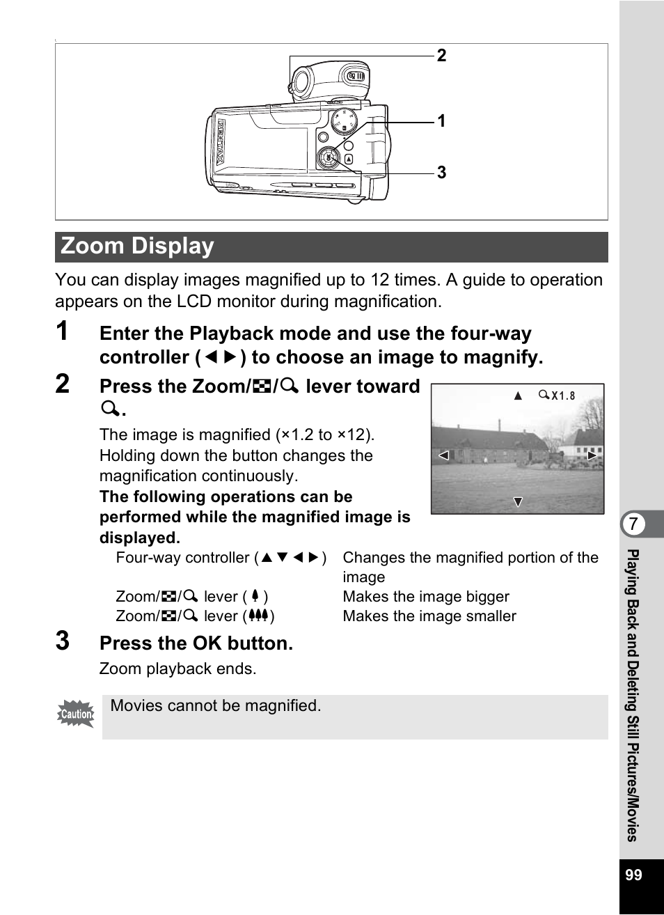 Zoom display, 1p.99), Press the zoom/ f / y lever toward y | Press the ok button | Pentax MX4 User Manual | Page 101 / 148