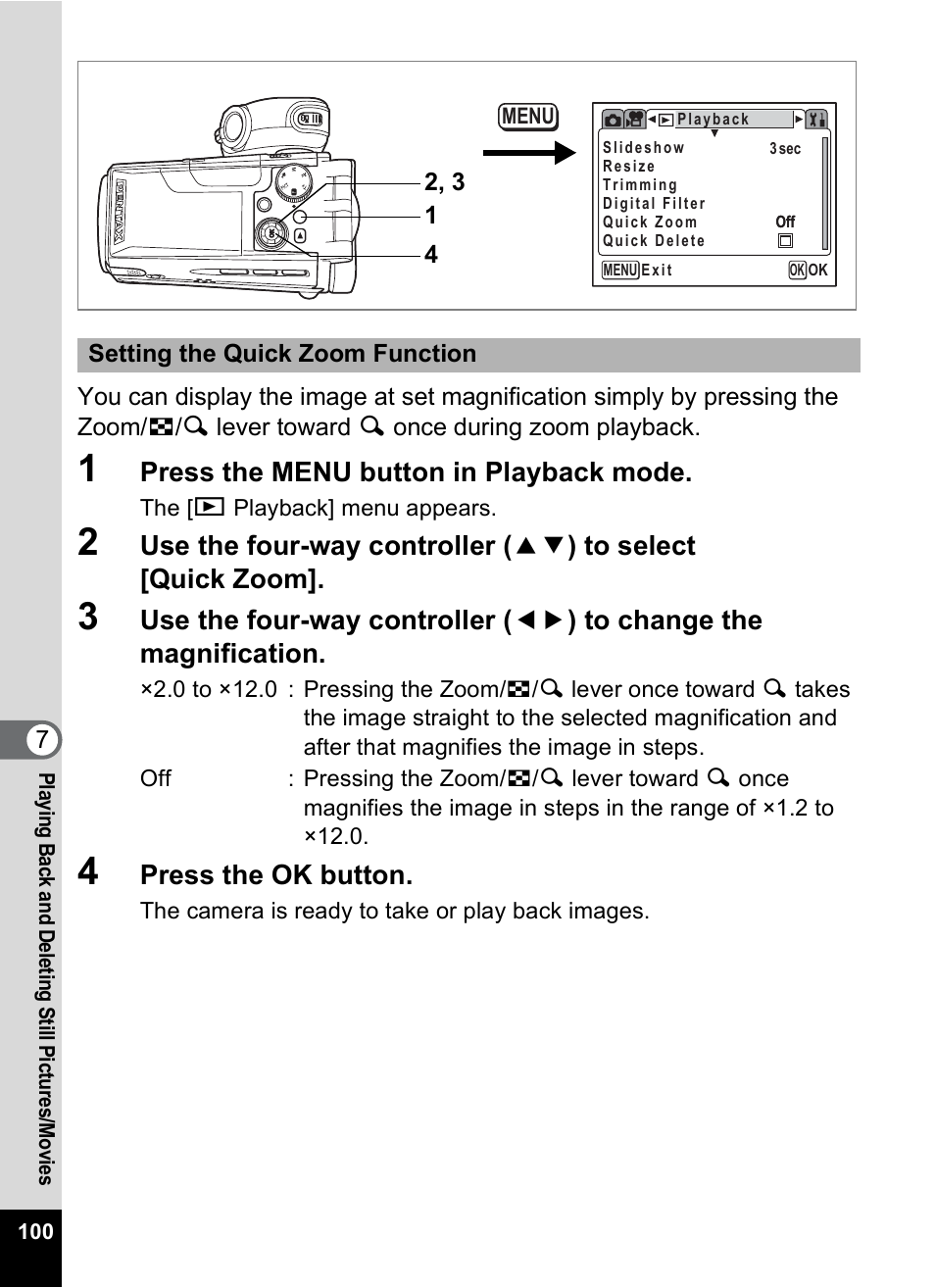 P.100, Press the menu button in playback mode, Press the ok button | Pentax MX4 User Manual | Page 102 / 148