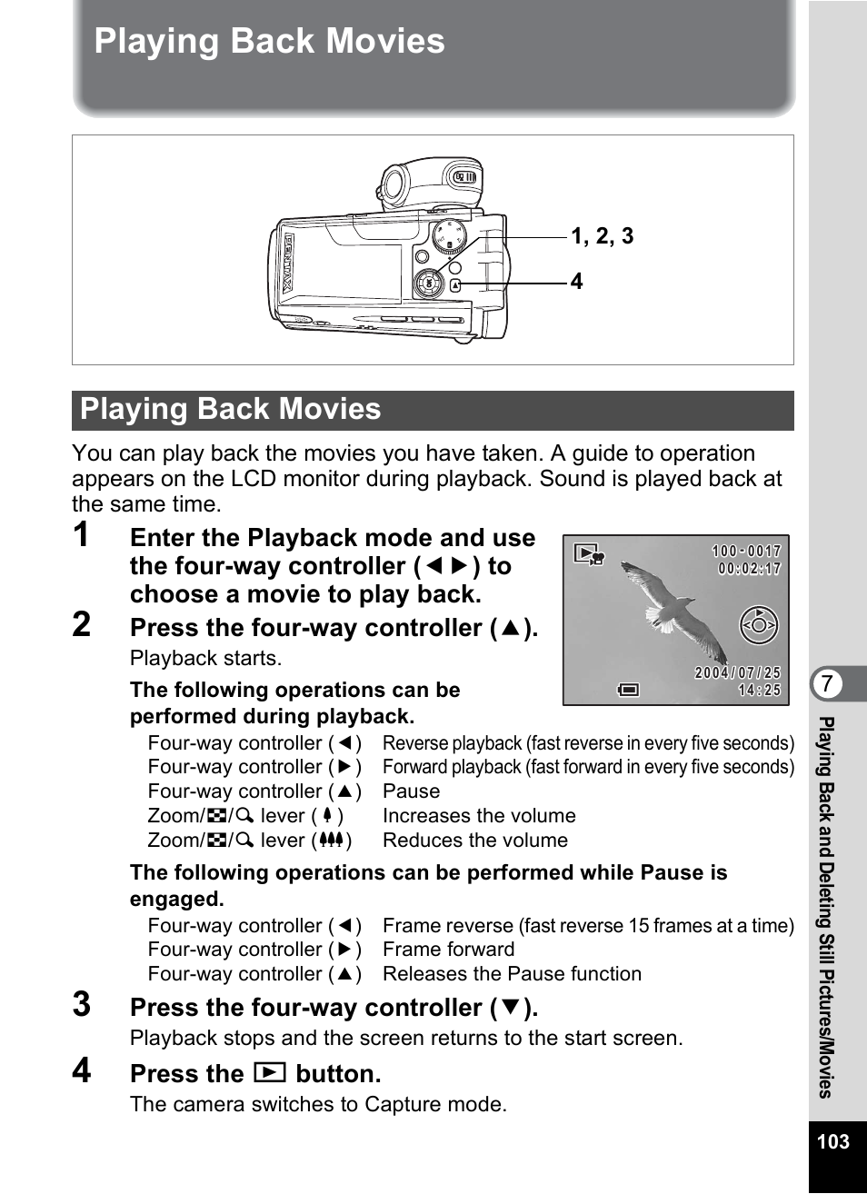 Playing back movies, 1p.103), Press the four-way controller ( 2 ) | Press the four-way controller ( 3 ), Press the q button | Pentax MX4 User Manual | Page 105 / 148