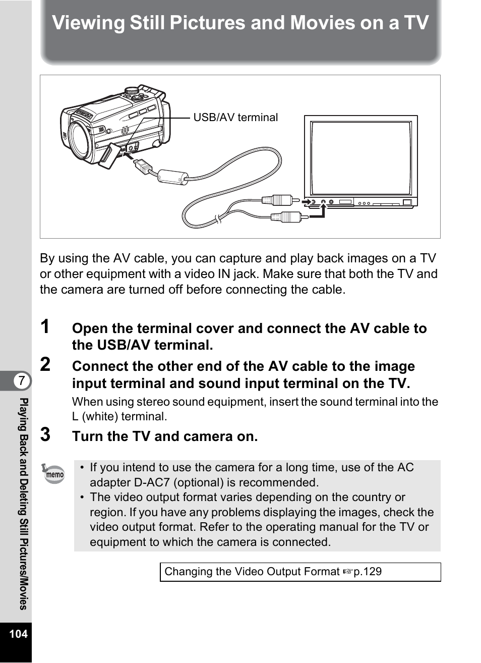 Viewing still pictures and movies on a tv | Pentax MX4 User Manual | Page 106 / 148