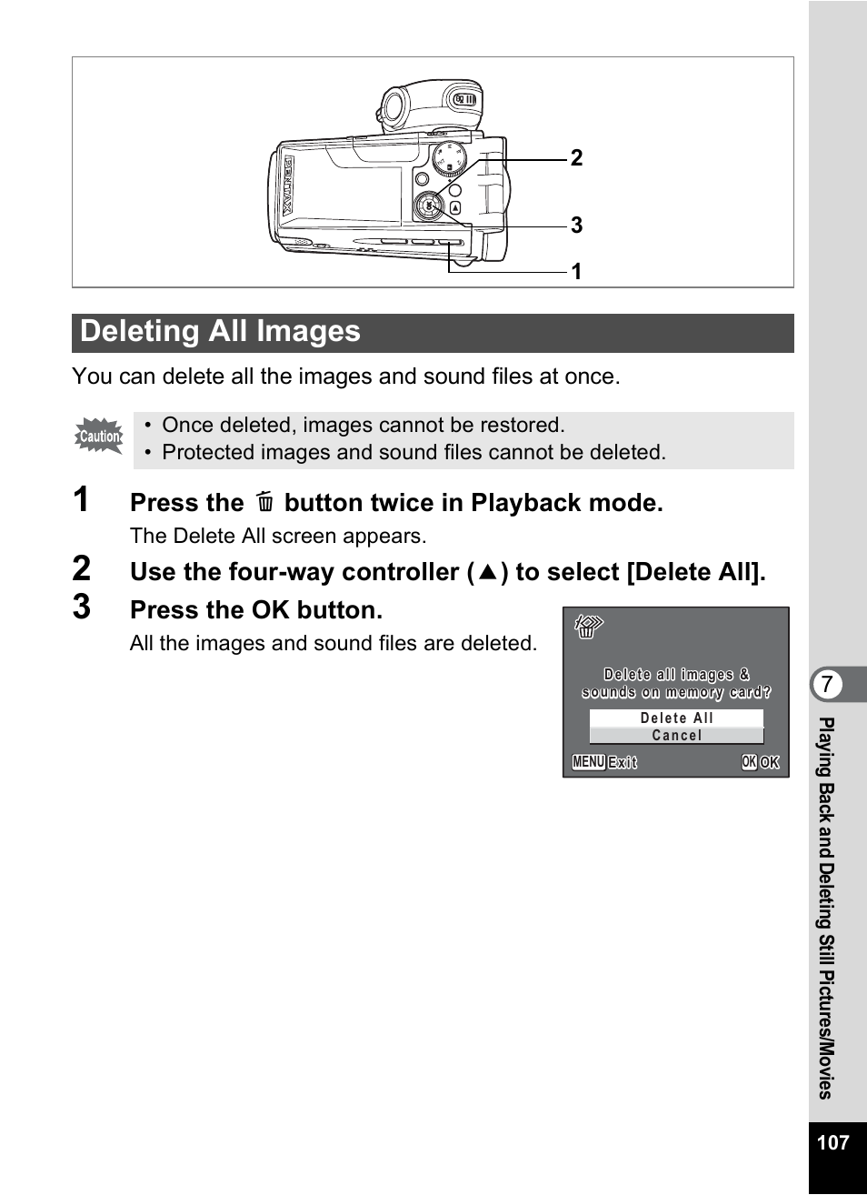 Deleting all images, Press the i button twice in playback mode, Press the ok button | Pentax MX4 User Manual | Page 109 / 148