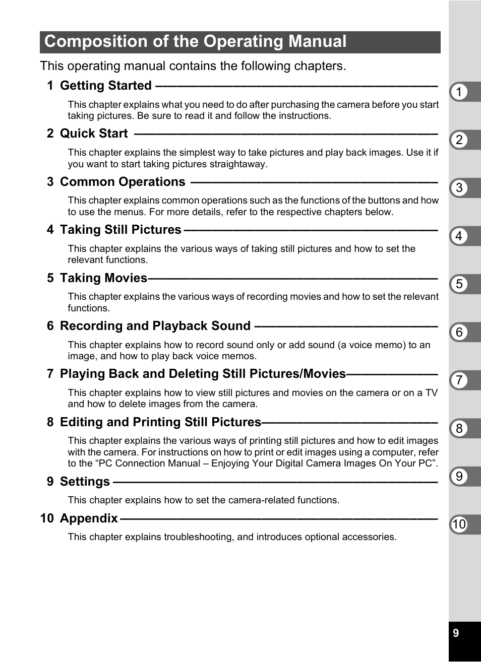 Composition of the operating manual | Pentax MX4 User Manual | Page 11 / 148
