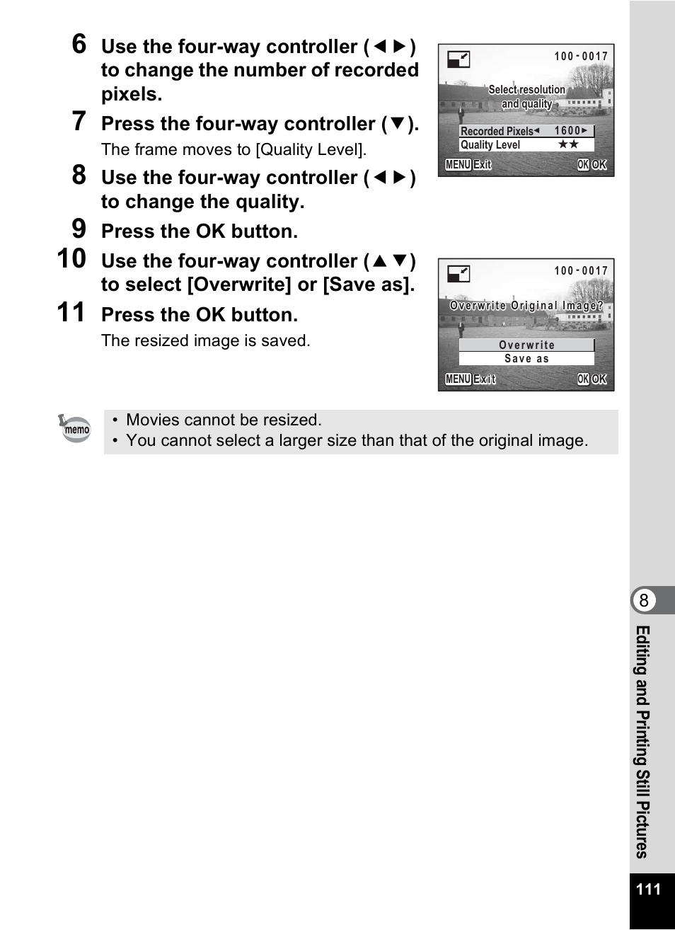 Press the four-way controller ( 3 ), Press the ok button, 8ed itin g an d prin tin g st ill pic tu re s | Pentax MX4 User Manual | Page 113 / 148