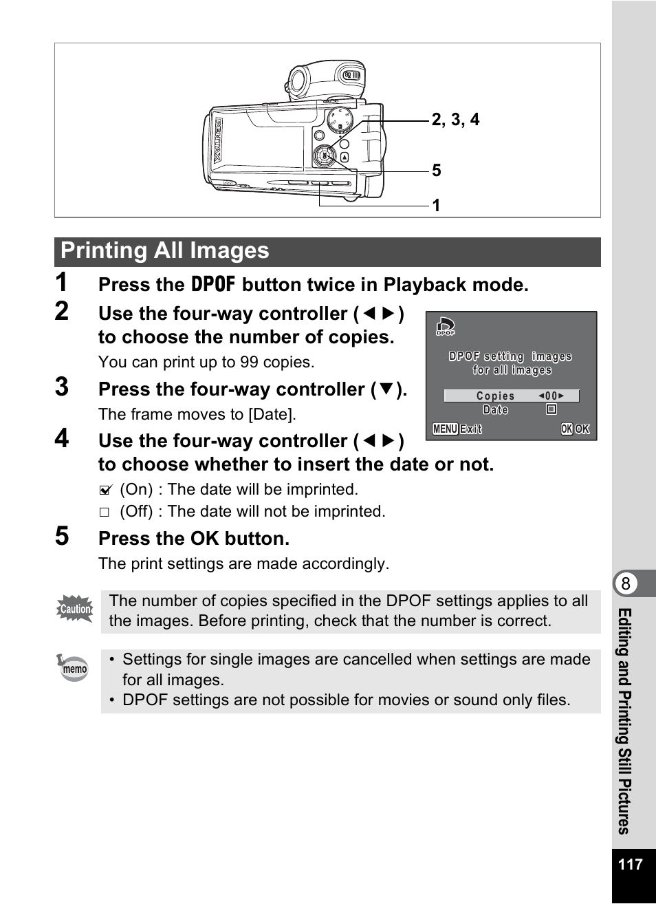 Printing all images, Press the g button twice in playback mode, Press the four-way controller ( 3 ) | Press the ok button | Pentax MX4 User Manual | Page 119 / 148