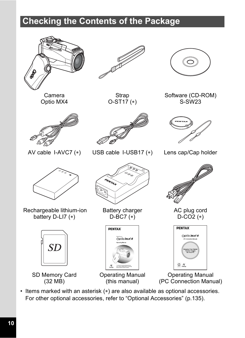 Checking the contents of the package | Pentax MX4 User Manual | Page 12 / 148