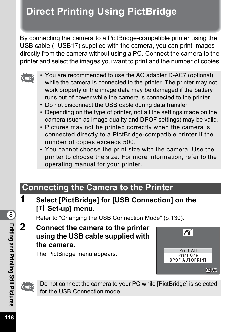 Direct printing using pictbridge, Connecting the camera to the printer | Pentax MX4 User Manual | Page 120 / 148