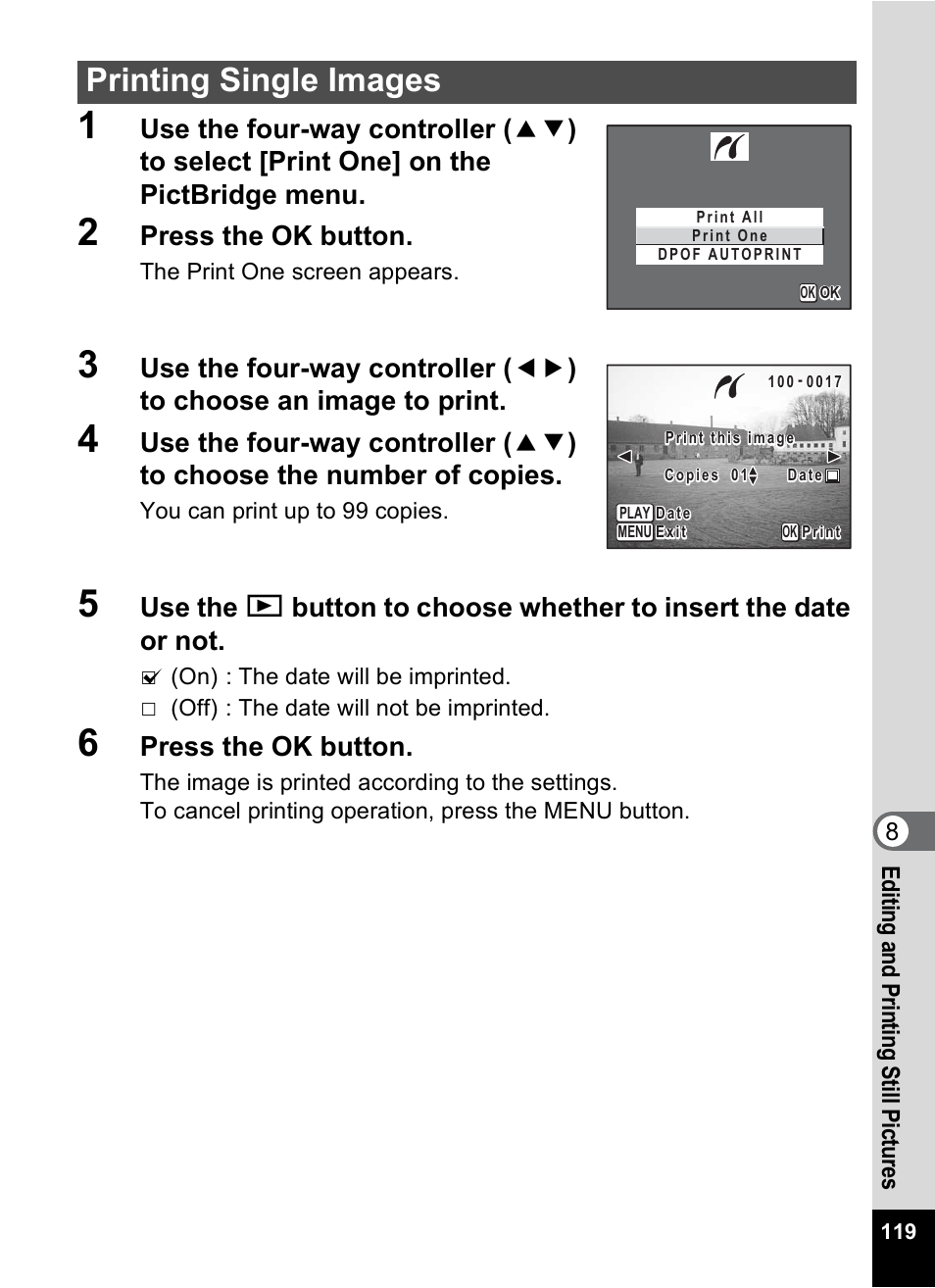 Printing single images, Press the ok button, 8ed itin g an d prin tin g st ill pic tu re s | Pentax MX4 User Manual | Page 121 / 148