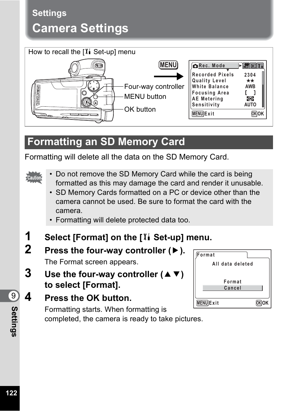 Settings, Camera settings, Formatting an sd memory card | P.122, Select [format] on the [ b set-up] menu, Press the four-way controller ( 5 ), Press the ok button | Pentax MX4 User Manual | Page 124 / 148