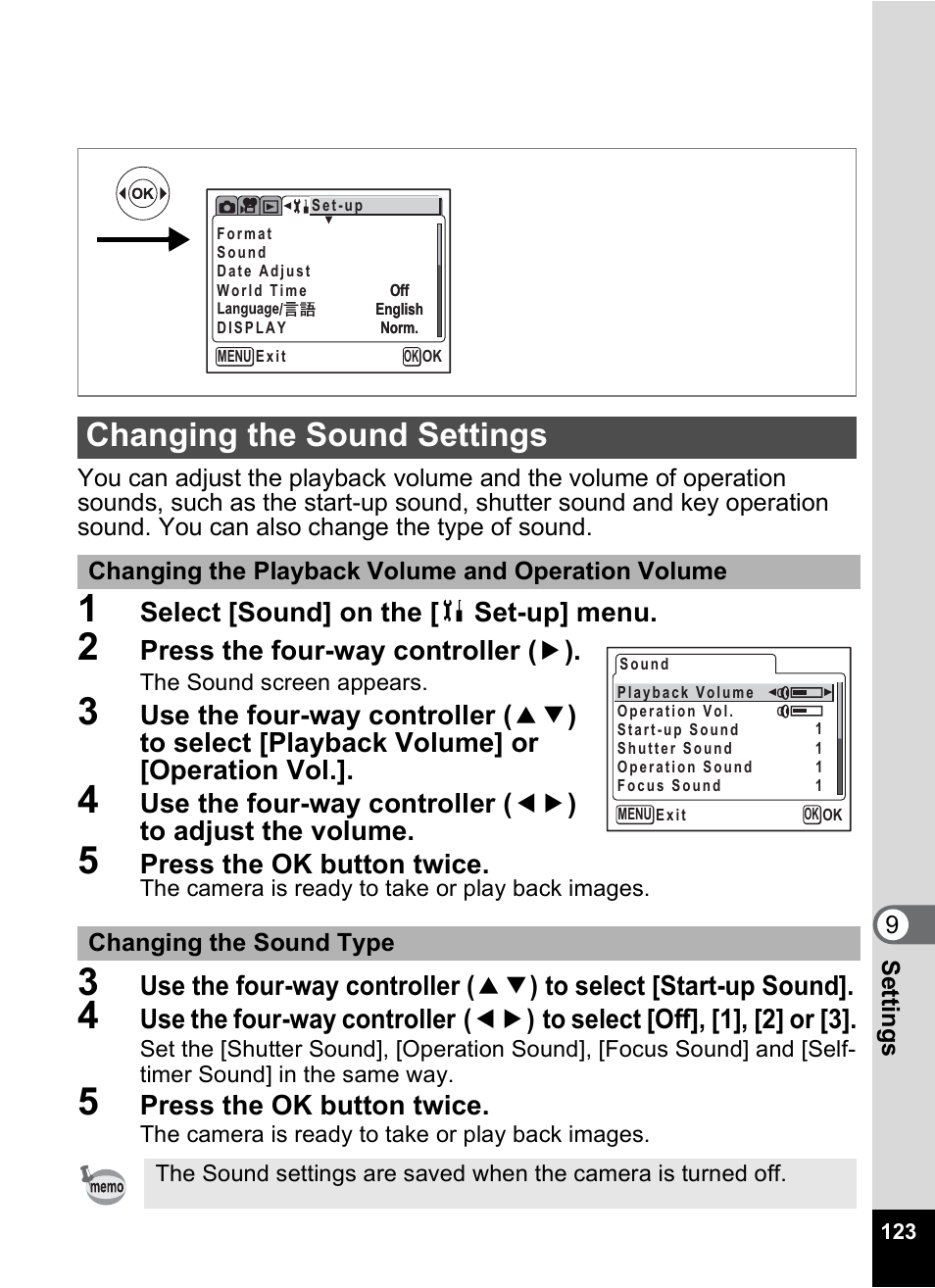 Changing the sound settings, P.123 | Pentax MX4 User Manual | Page 125 / 148