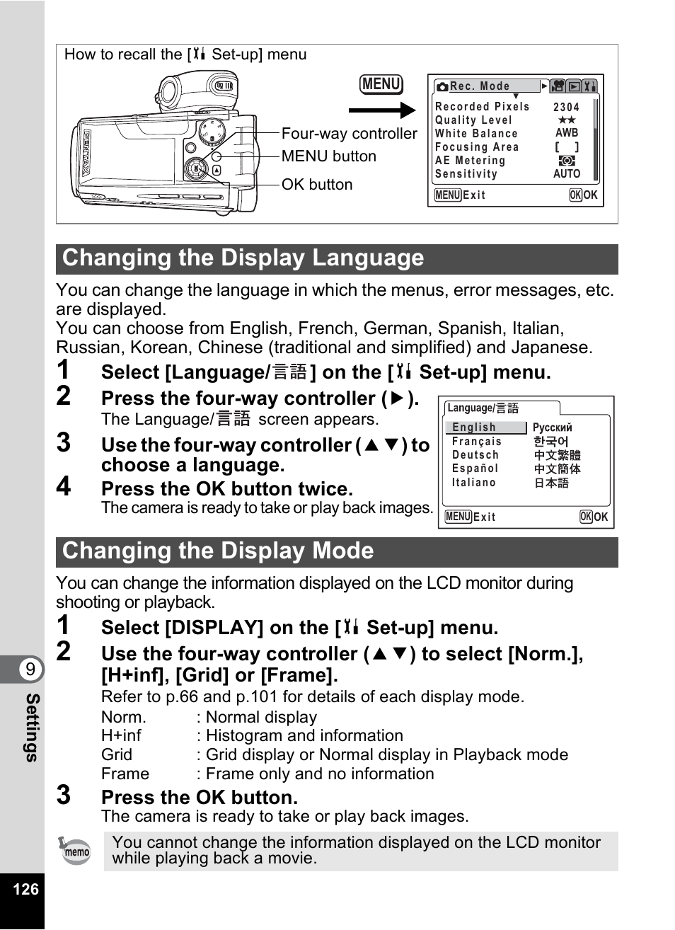 Changing the display language, Changing the display mode, P.126 | Pentax MX4 User Manual | Page 128 / 148