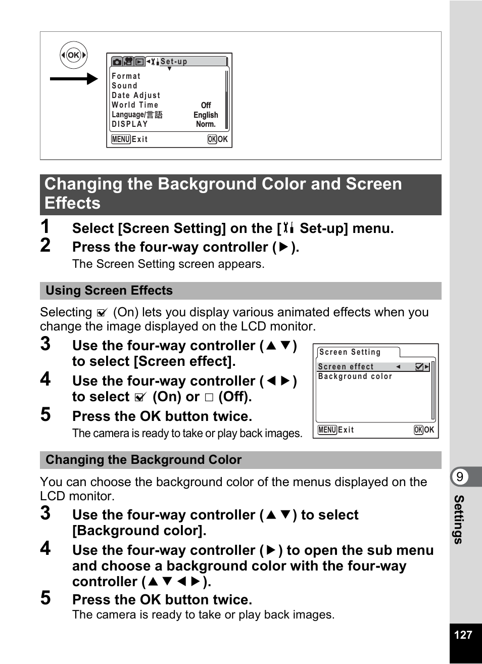 Changing the background color and screen effects, P.127 | Pentax MX4 User Manual | Page 129 / 148