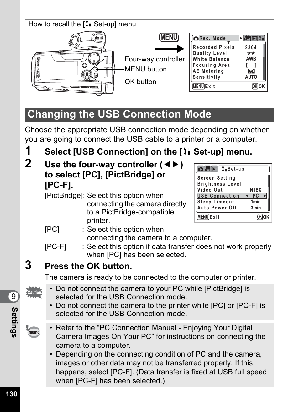 Changing the usb connection mode, P.130, Select [usb connection] on the [ b set-up] menu | Press the ok button | Pentax MX4 User Manual | Page 132 / 148