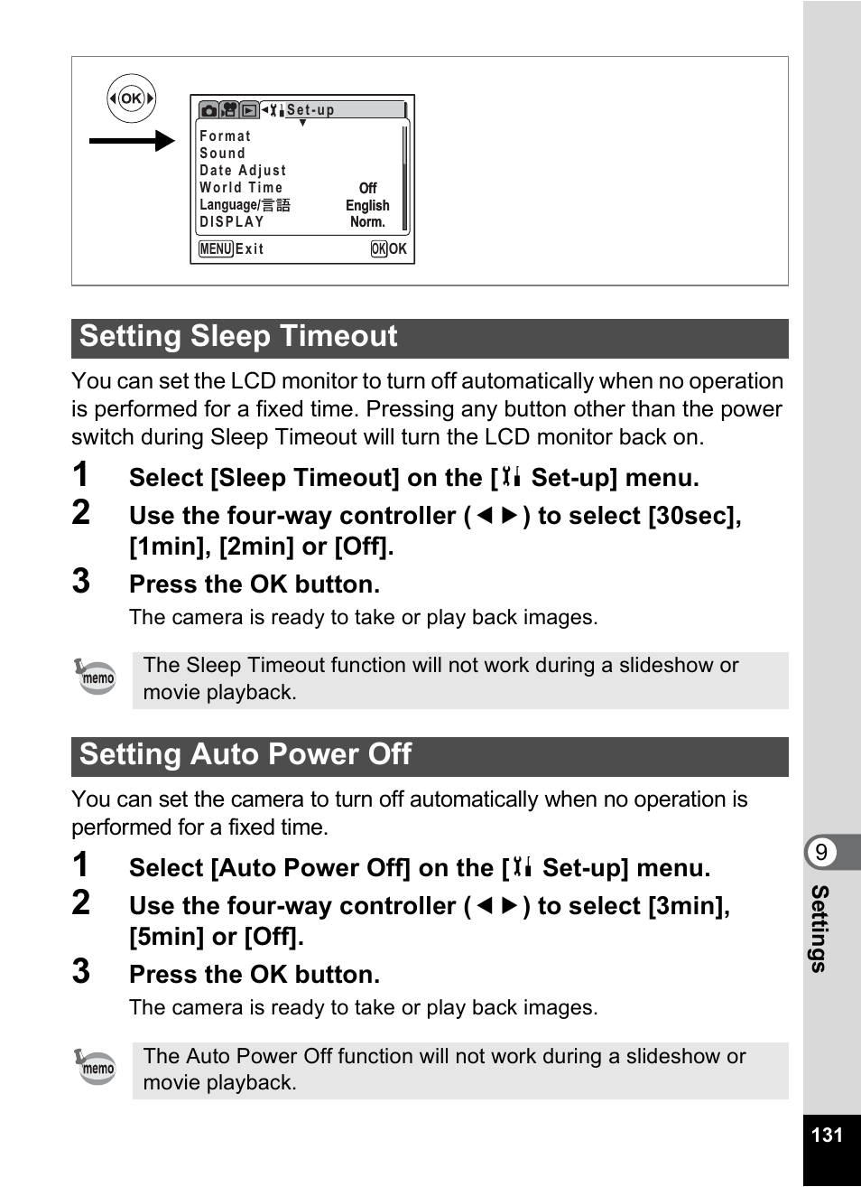 Setting sleep timeout, Setting auto power off, P.131 | Pentax MX4 User Manual | Page 133 / 148