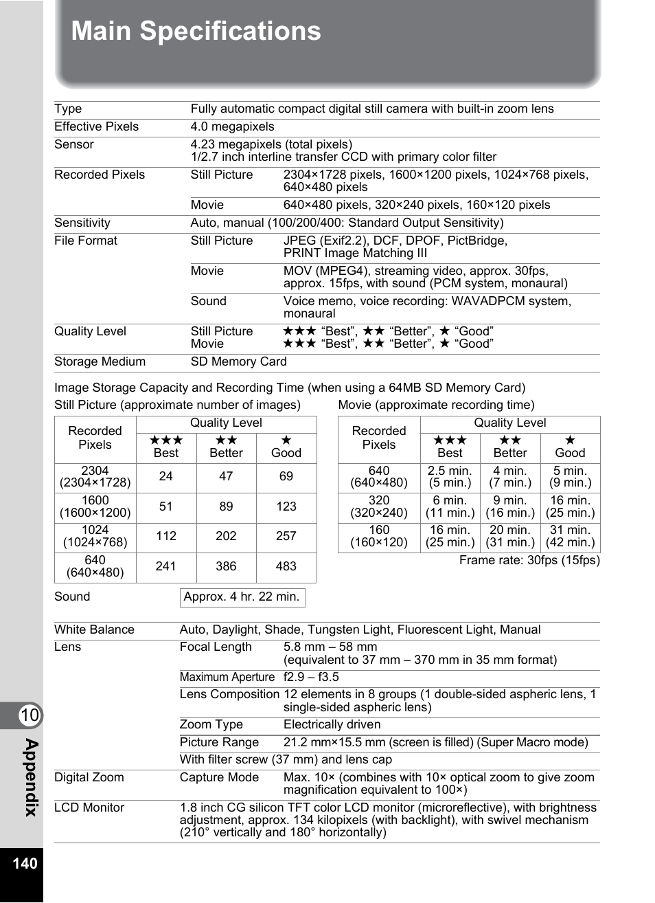 Main specifications, 10 appe ndix | Pentax MX4 User Manual | Page 142 / 148