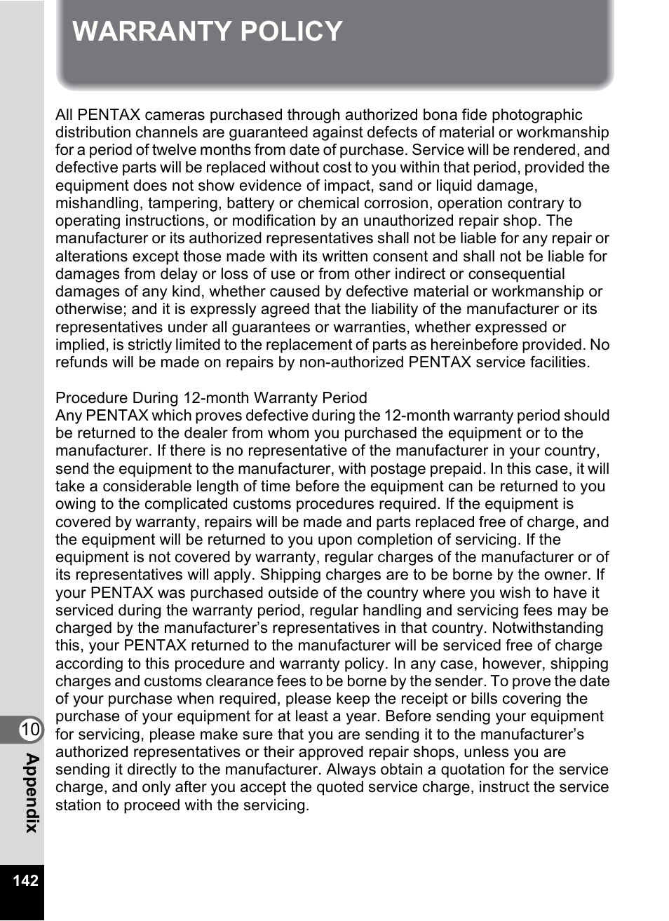 Warranty policy | Pentax MX4 User Manual | Page 144 / 148