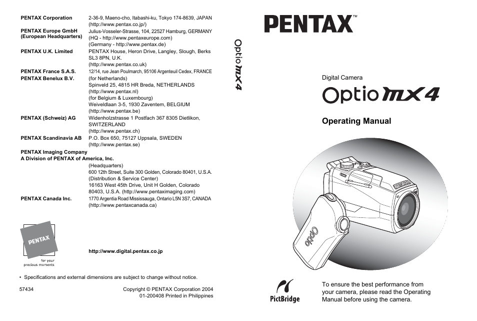 Operating manual, Digital camera | Pentax MX4 User Manual | Page 148 / 148