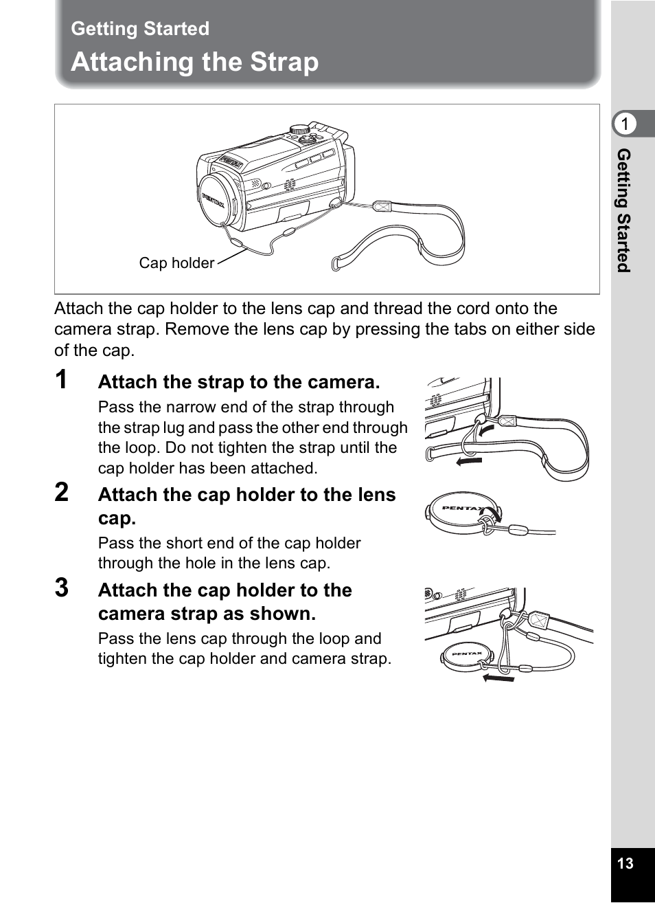 Getting started, Attaching the strap | Pentax MX4 User Manual | Page 15 / 148