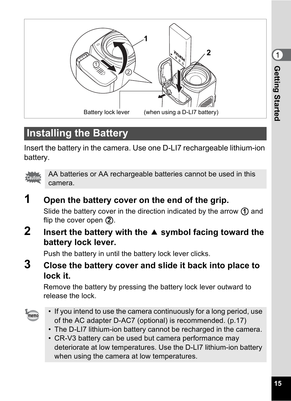Installing the battery | Pentax MX4 User Manual | Page 17 / 148