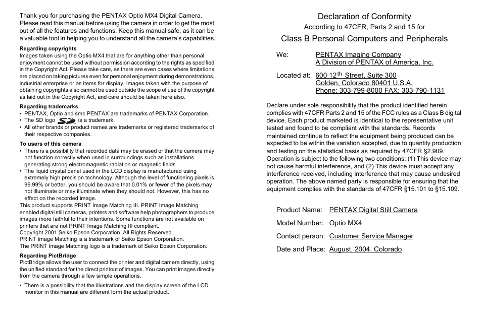 Declaration of conformity, Class b personal computers and peripherals | Pentax MX4 User Manual | Page 2 / 148