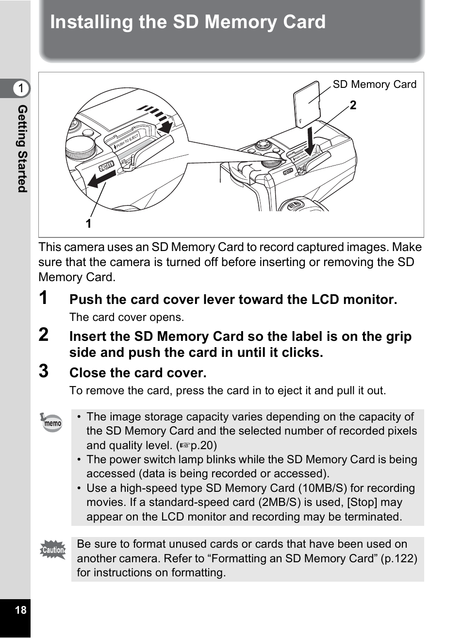 Installing the sd memory card | Pentax MX4 User Manual | Page 20 / 148