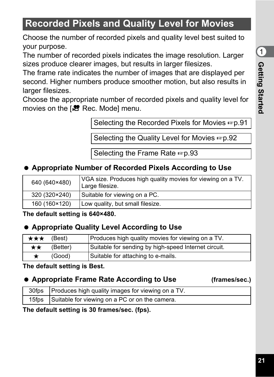 Recorded pixels and quality level for movies | Pentax MX4 User Manual | Page 23 / 148