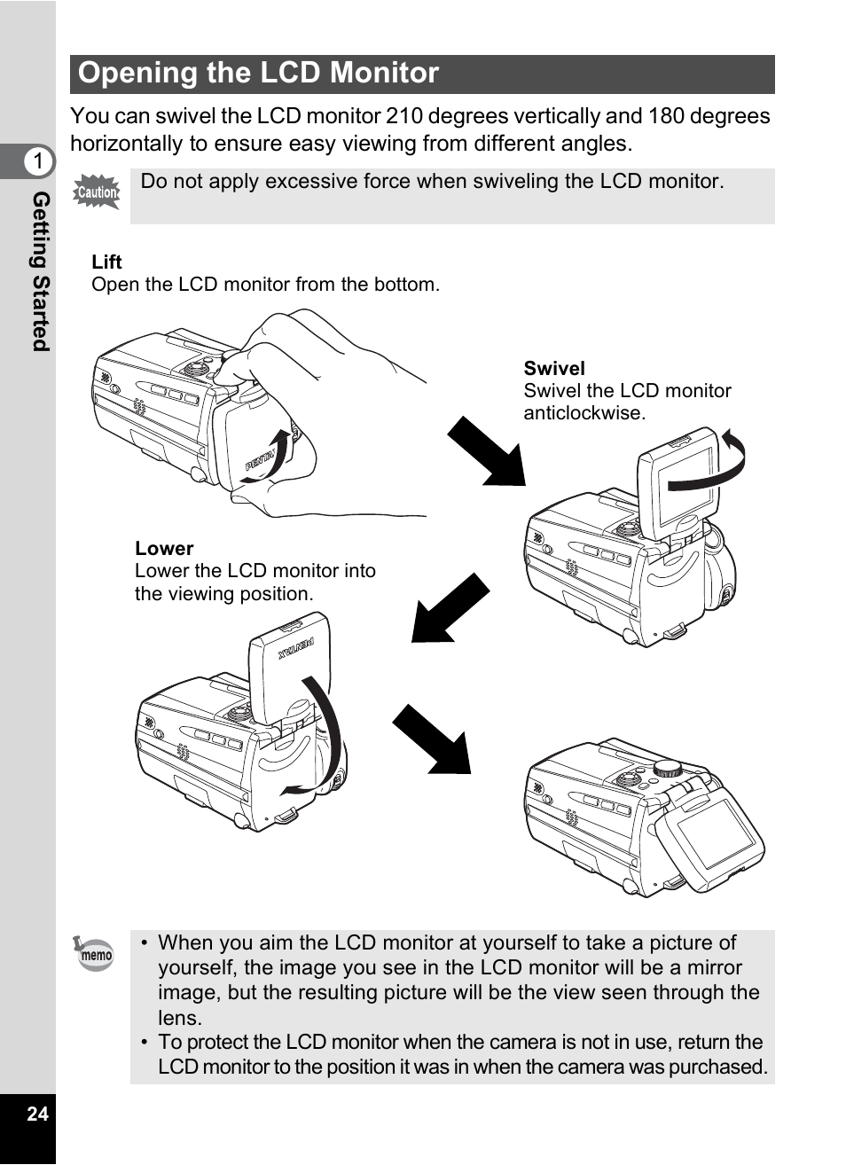Opening the lcd monitor | Pentax MX4 User Manual | Page 26 / 148