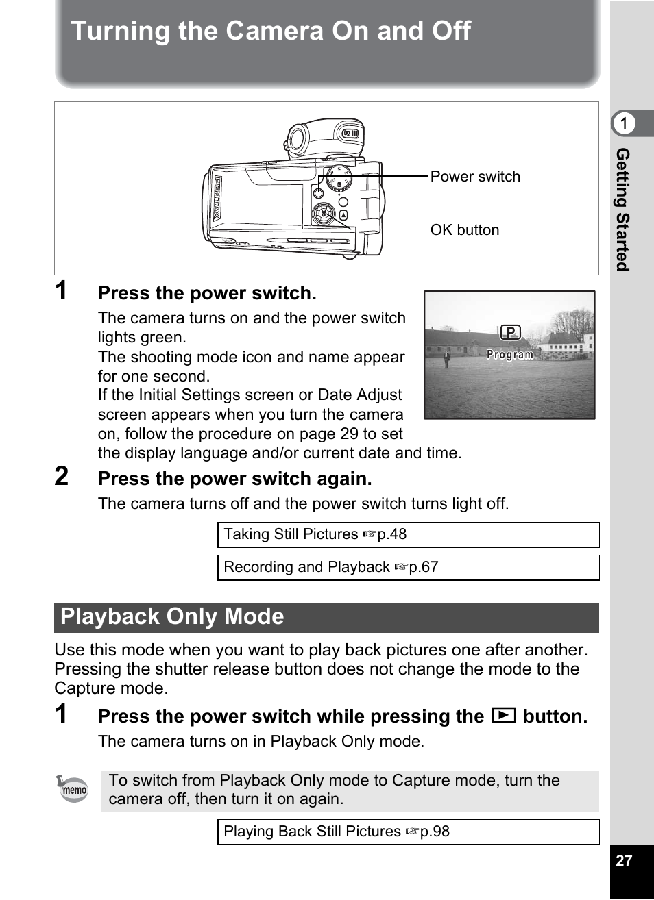 Turning the camera on and off, Playback only mode, Turning the camera on and off 1 | Pentax MX4 User Manual | Page 29 / 148