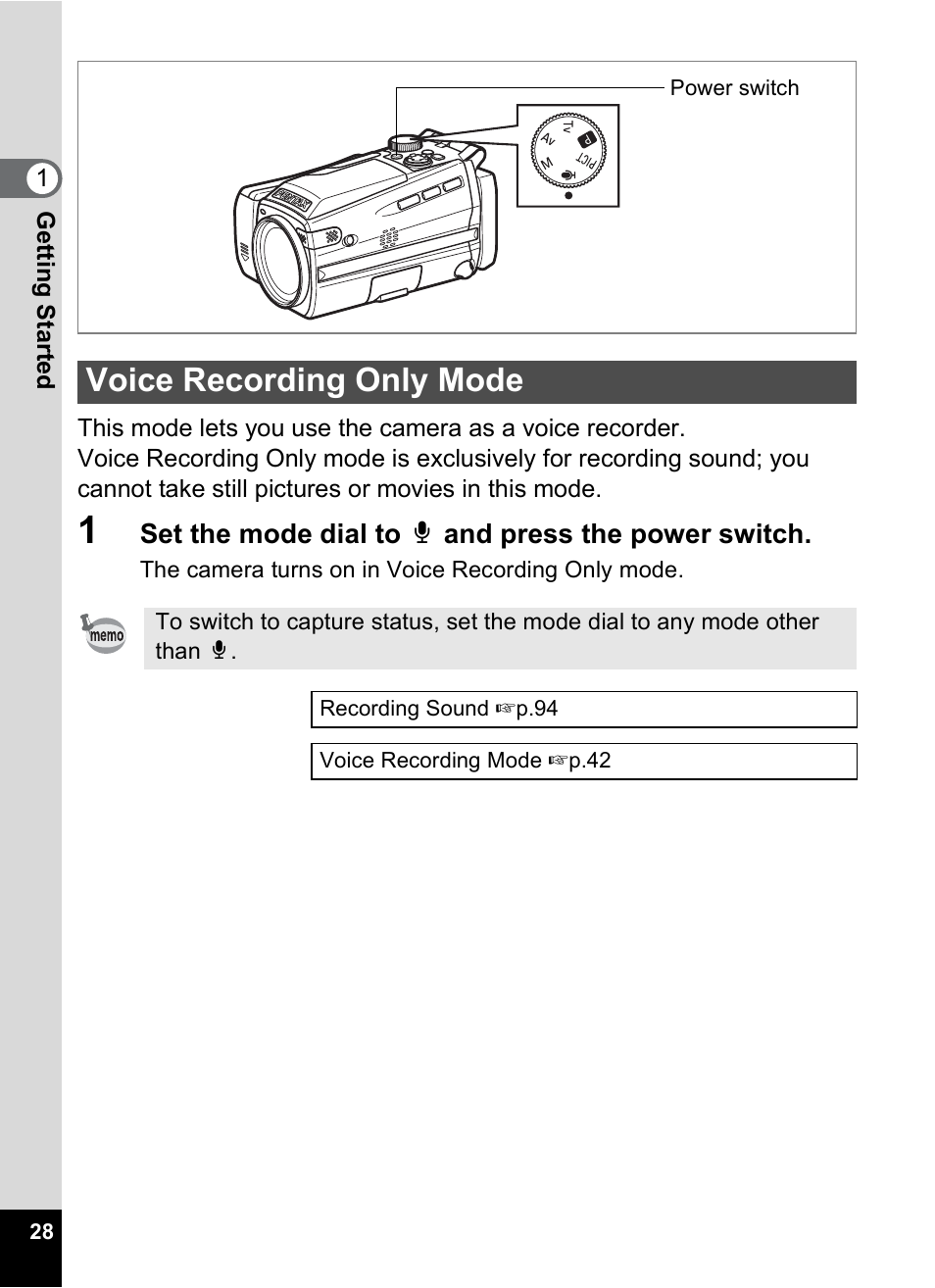 Voice recording only mode | Pentax MX4 User Manual | Page 30 / 148