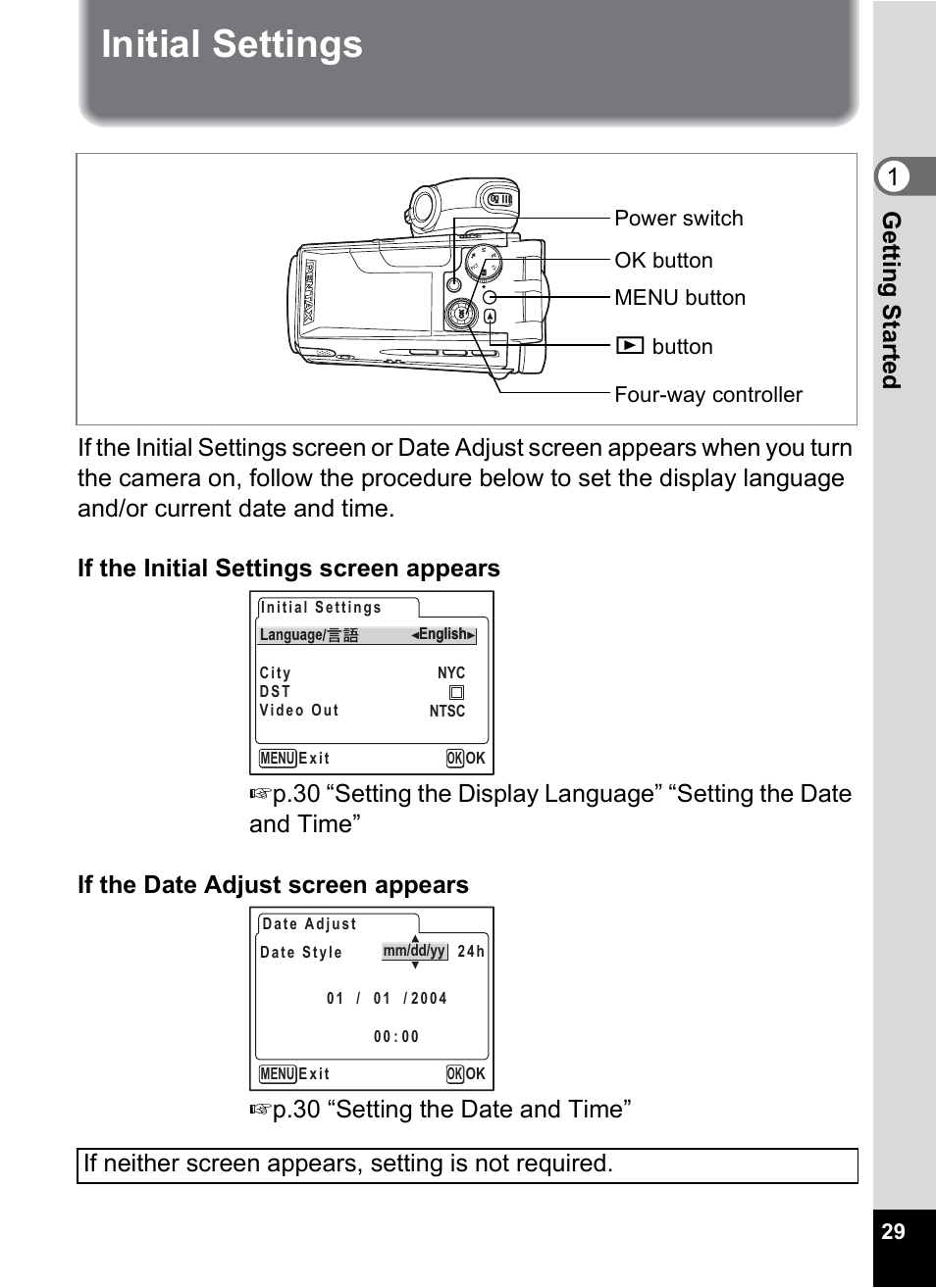 Initial settings, 1gettin g sta rte d | Pentax MX4 User Manual | Page 31 / 148