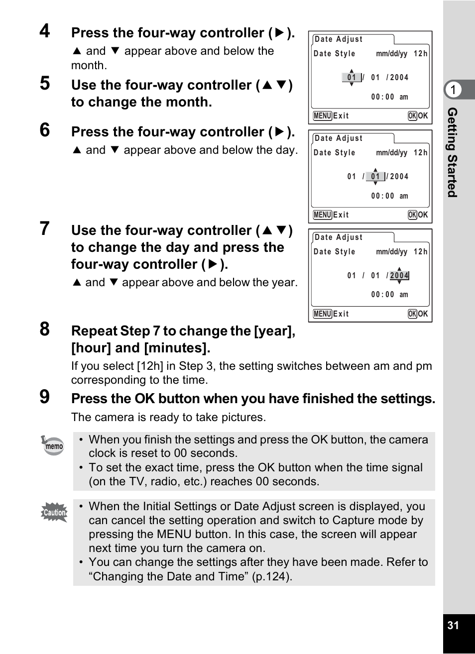Press the four-way controller ( 5 ), 1gettin g sta rte d | Pentax MX4 User Manual | Page 33 / 148